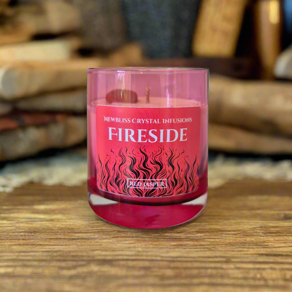 Red candle with 'Fireside' label on a neutral background