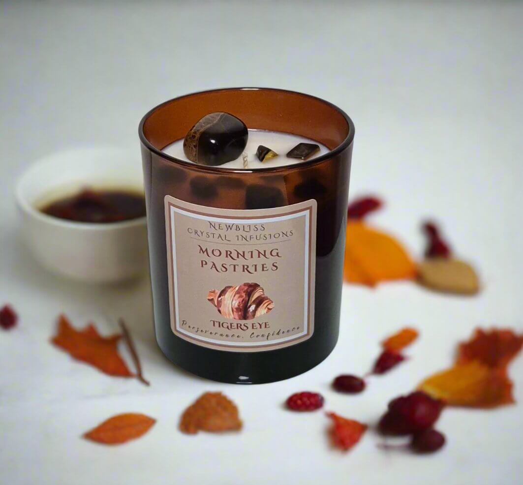 Crystal infused, fresh baked pan au chocolate scent with Tigers Eye