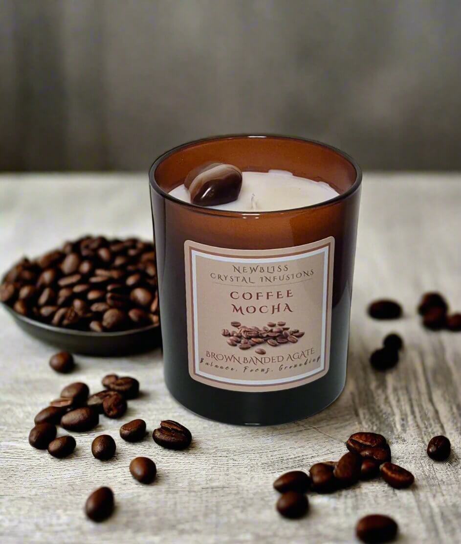 Crystal infused, coffee scented candle with Brown Banded Agate