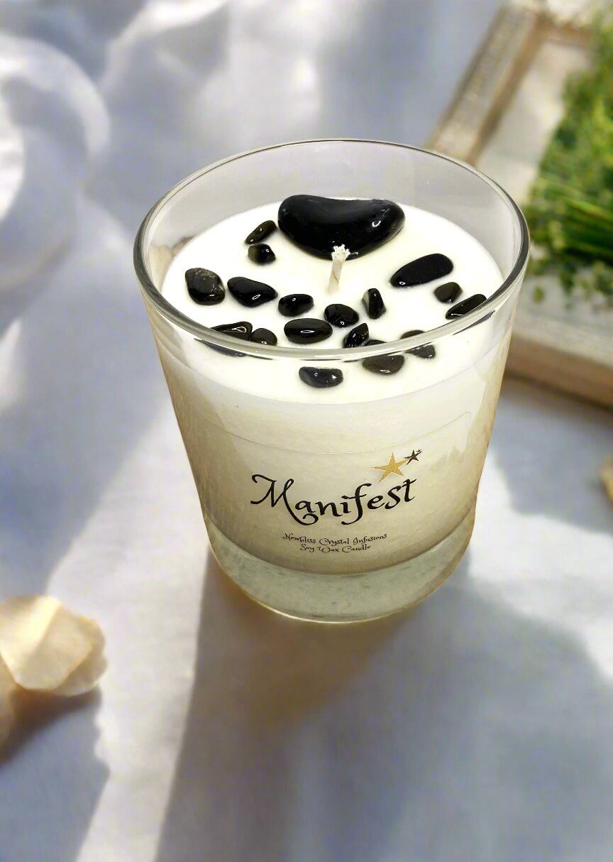 Manifest ~ Black & Gold Obsidian Crystal Infused Candle