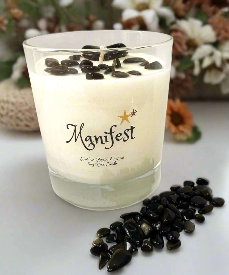 Manifest ~ Black & Gold Obsidian Crystal Infused Candle