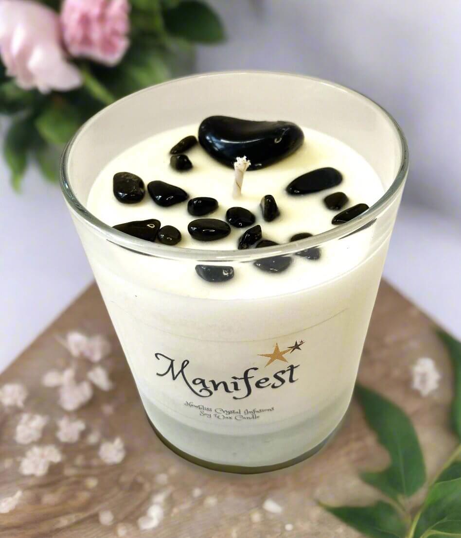 Manifest ~ Black & Gold Obsidian Crystal Infused Candle